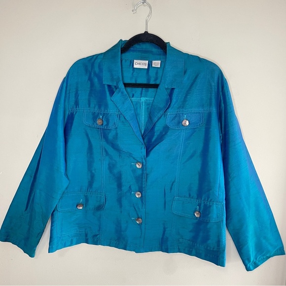 CHICO’S 100% Silk Shiny Teal Lightweight Button-Front Jacket Blazer, Large - Picture 1 of 12